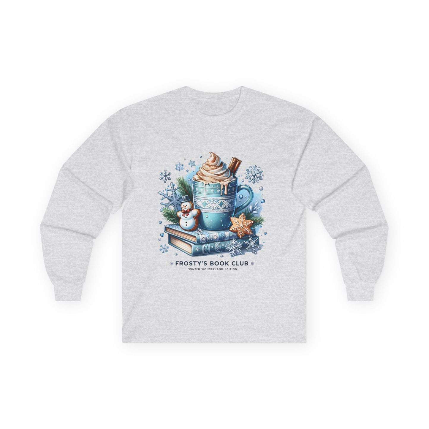 Frosty's Book Club Long Sleeve Tee — 'Frosty's Book Club' Cozy Hot Cocoa Design