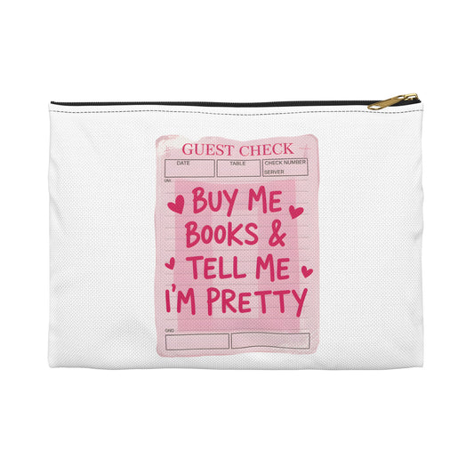 Accessory Pouch — "Buy Me Books & Tell Me I’m Pretty" Pink Guest Check Cosmetic Bag