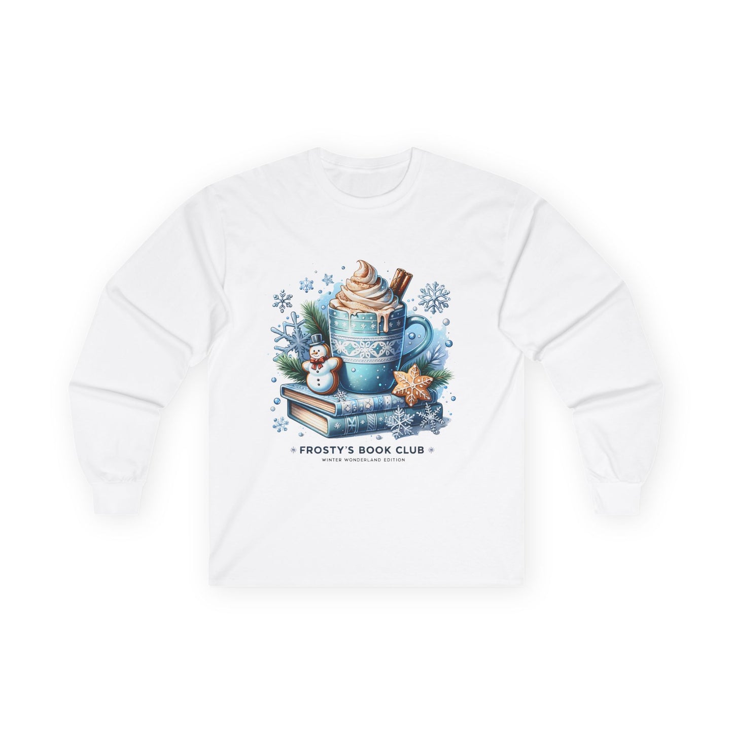 Frosty's Book Club Long Sleeve Tee — 'Frosty's Book Club' Cozy Hot Cocoa Design