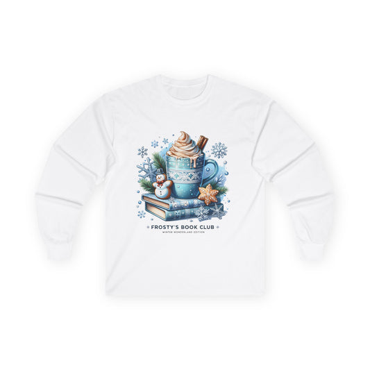 Frosty's Book Club Long Sleeve Tee — 'Frosty's Book Club' Cozy Hot Cocoa Design