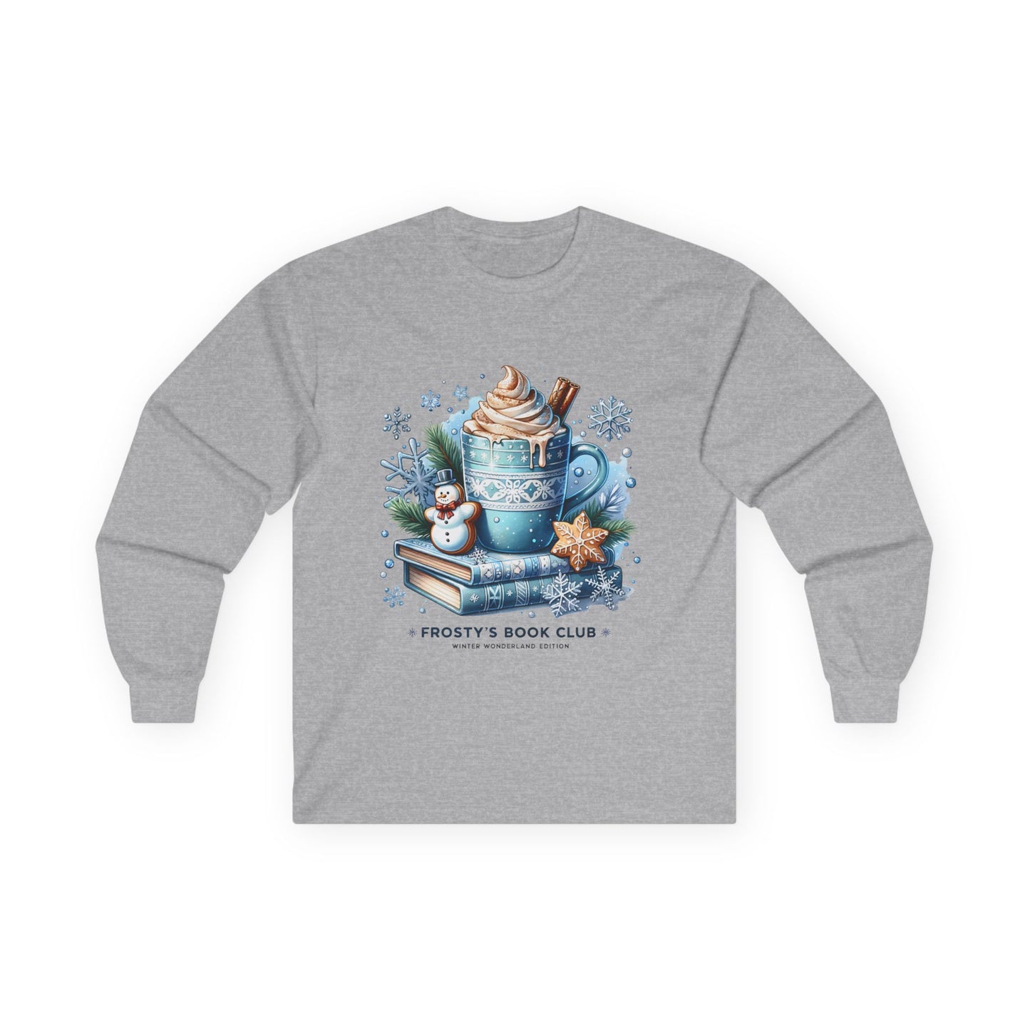 Frosty's Book Club Long Sleeve Tee — 'Frosty's Book Club' Cozy Hot Cocoa Design